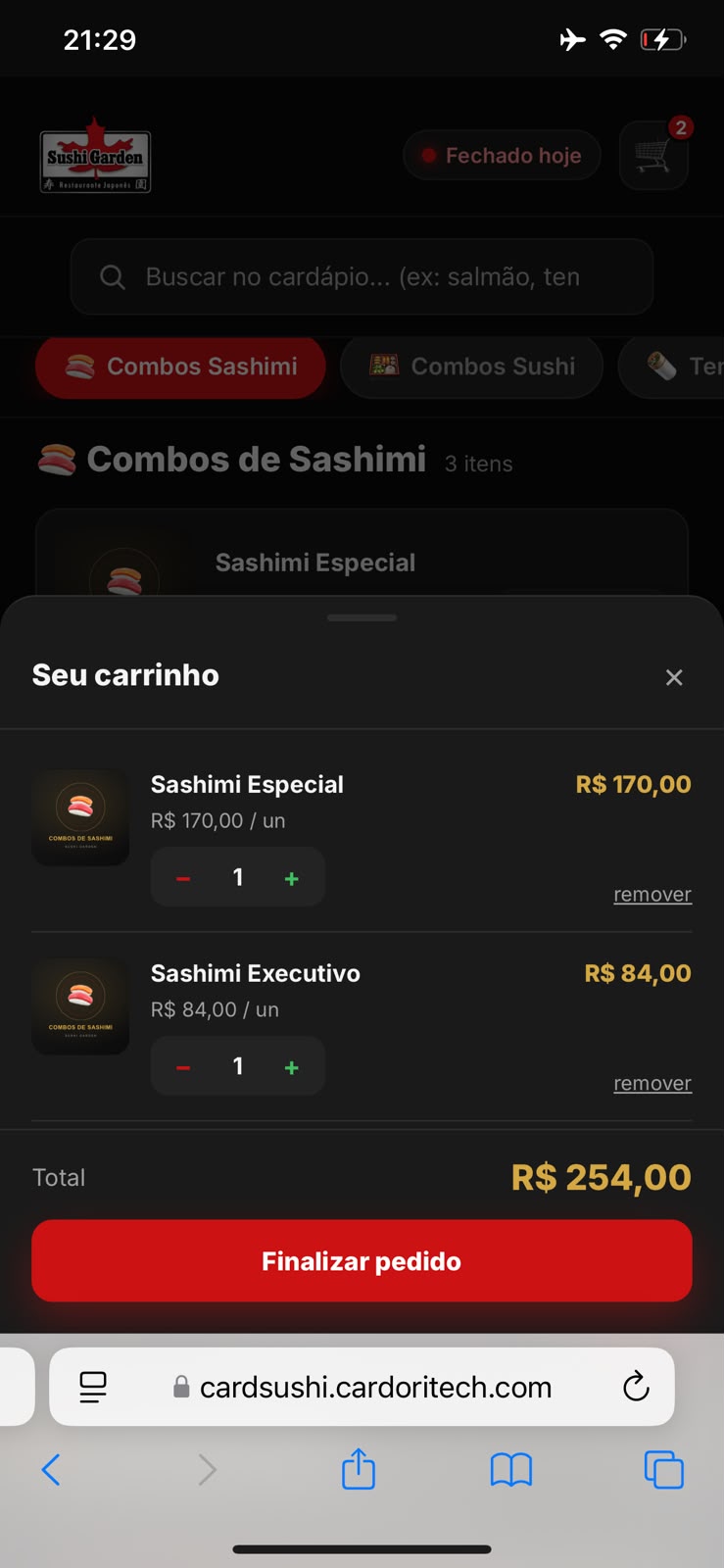 Carrinho de pedidos montado com o total