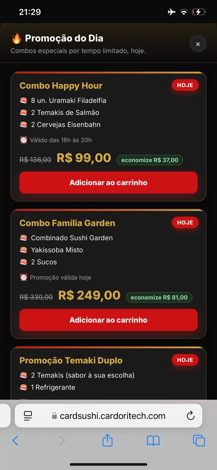 Tela de promoções do dia, com a identidade visual do negócio